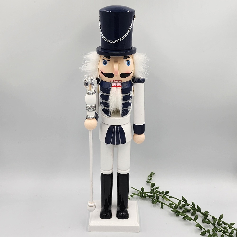 Nutcracker Soldier Guard Navy Blue White Wooden Christmas Holiday Decor 15"